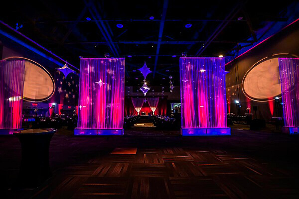 Professional stage truss rigging system with sharpy beam lights and LED wash lights for event production in Delhi